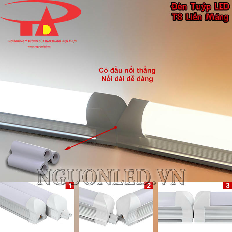 Bóng tuýp LED T8 liền máng có đầu nối thẳng, nối dài dễ dàng