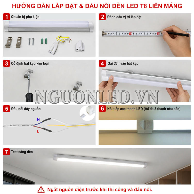 Các bước lắp đặt và đấu nối đèn LED T8 liền máng kèm phụ kiện