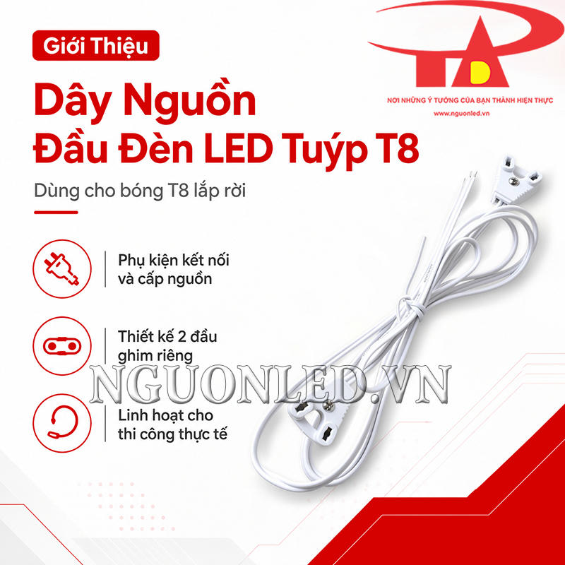 Dây nguồn đầu đèn LED tuýp T8 với hai đầu ghim rời để kết nối và cấp nguồn cho bóng T8 lắp riêng