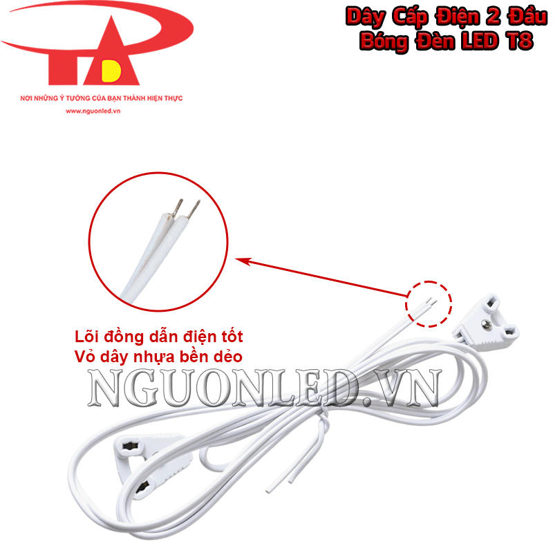 Dây cấp điện 2 đầu bóng tuýp T8 sử dụng lõi đồng dẫn điện và lớp vỏ nhựa trắng bao quanh bên ngoài