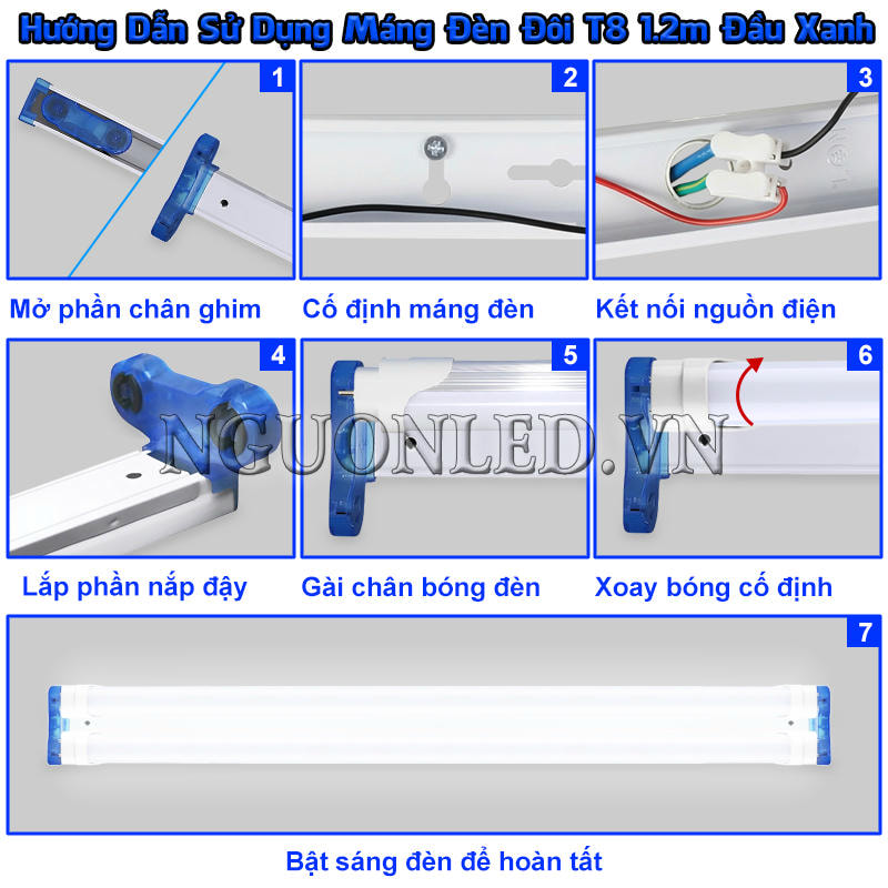 Máng tuýp LED đôi T8 1m2 đầu xanh được lắp theo trình tự mở đầu máng, cố định thân, nối nguồn và gài hai bóng