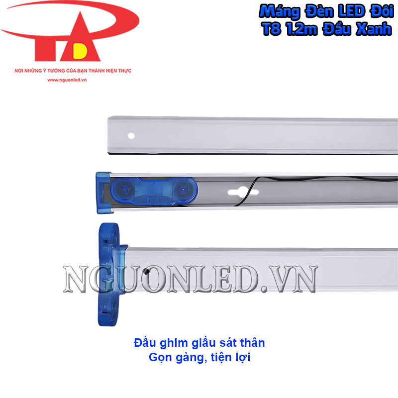 Máng LED đôi T8 1m2 đầu xanh có cụm đầu ghim tháo rời, thu gọn sát vào khoang thân khi chưa lắp bóng