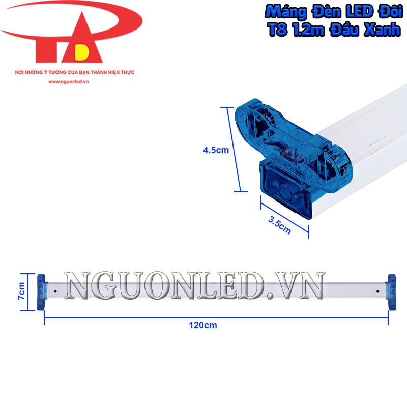 Máng đèn đôi 1m2 đầu xanh thể hiện kích thước thân 3.5 cm × 4.5cm, đầu ghim rộng 7cm và dài 120cm