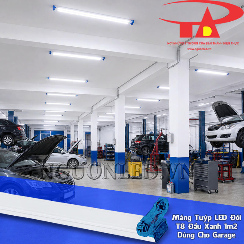 Máng LED đôi T8 1m2 đầu xanh lắp phía trên các vị trí xe và vùng thao tác kiểm tra, sửa chữa trong garage