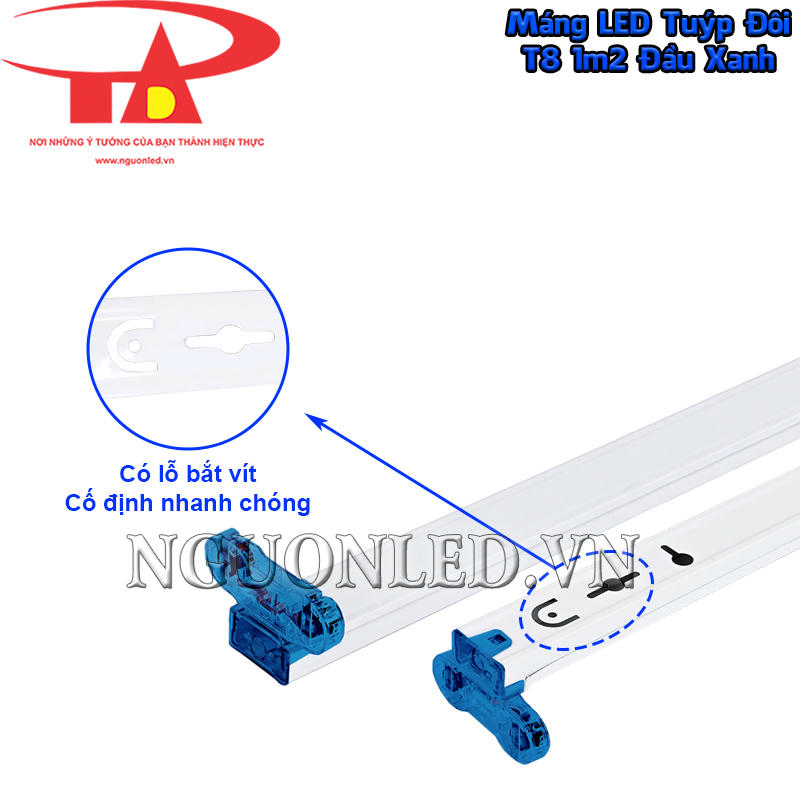 Máng LED đôi T8 1m2 đầu xanh có lỗ bắt vít bố trí sẵn trên thân để xác định các điểm cố định khi lắp nổi