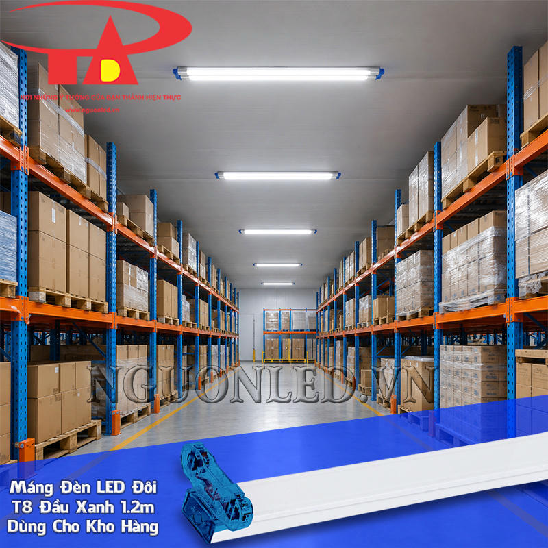 Máng đèn tuýp LED đôi 1.2m T8 đầu xanh bố trí theo dãy kệ kho, phục vụ khu vực lưu trữ và lấy hàng