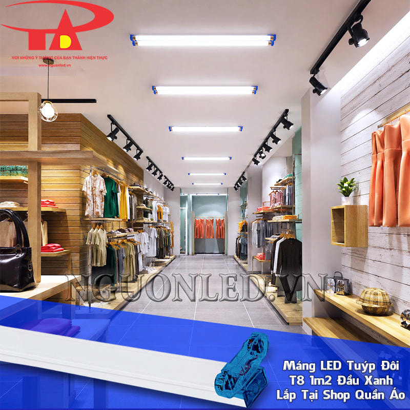 Máng đèn T8 đôi 1m2 đầu xanh chạy theo trục cửa hàng thời trang, giữa khu trưng bày và lối khách di chuyển