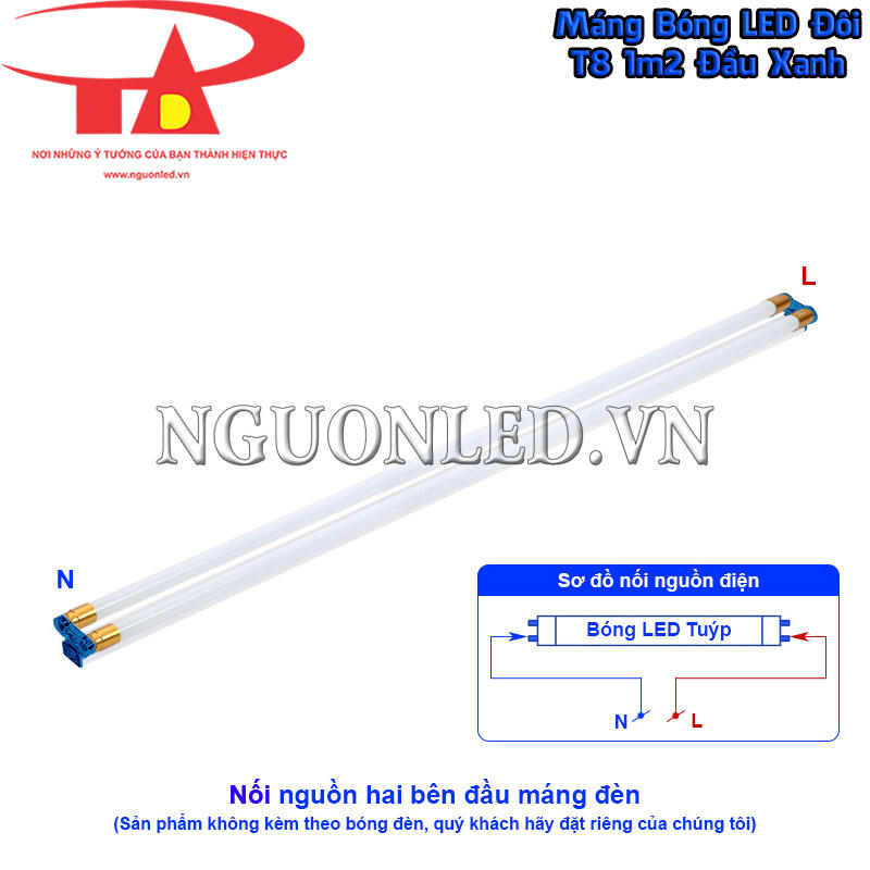 Máng bóng đèn tuýp đôi 1m2 đầu xanh sử dụng cơ chế cấp điện tại hai đầu cho bóng T8