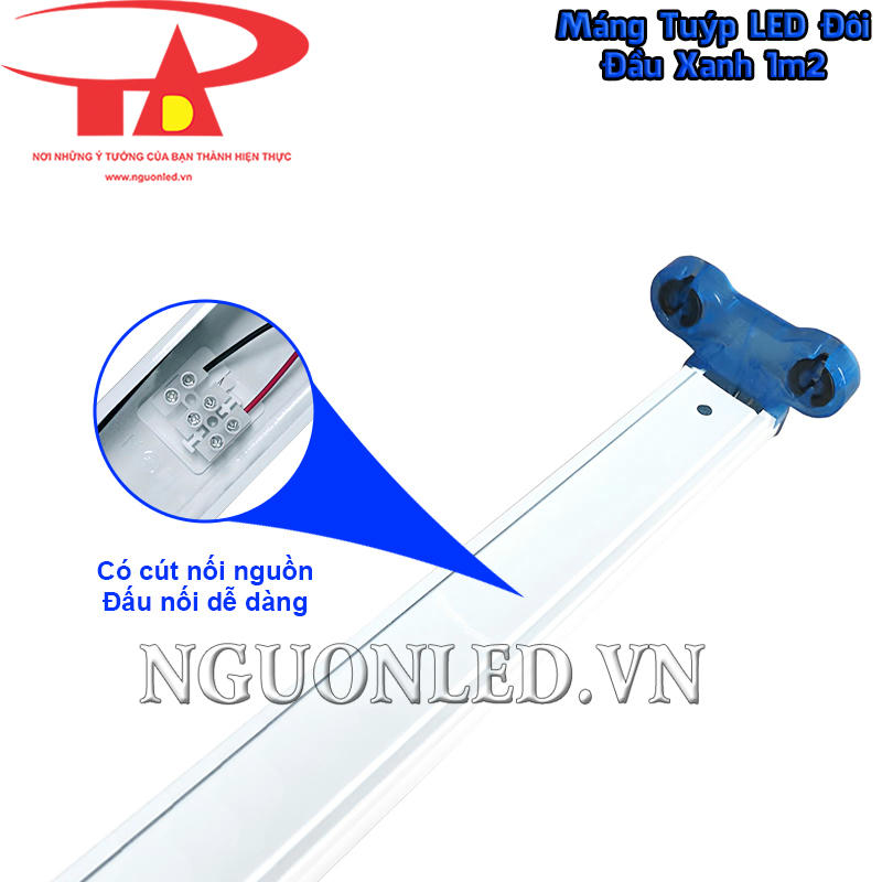 Máng đèn tuýp LED đôi 1m2 T8 tích hợp cút nối nguồn bên trong thân để tập trung điểm kết nối dây