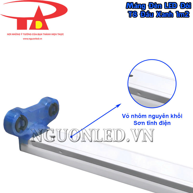 Máng tuýp LED đôi T8 1m2 đầu xanh có thân nhôm nguyên khối phủ sơn tĩnh điện màu trắng