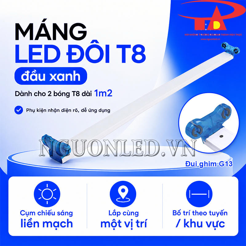 Máng đèn T8 đôi 1m2 đầu xanh lắp nổi cho hai bóng T8 với chân ghim G13