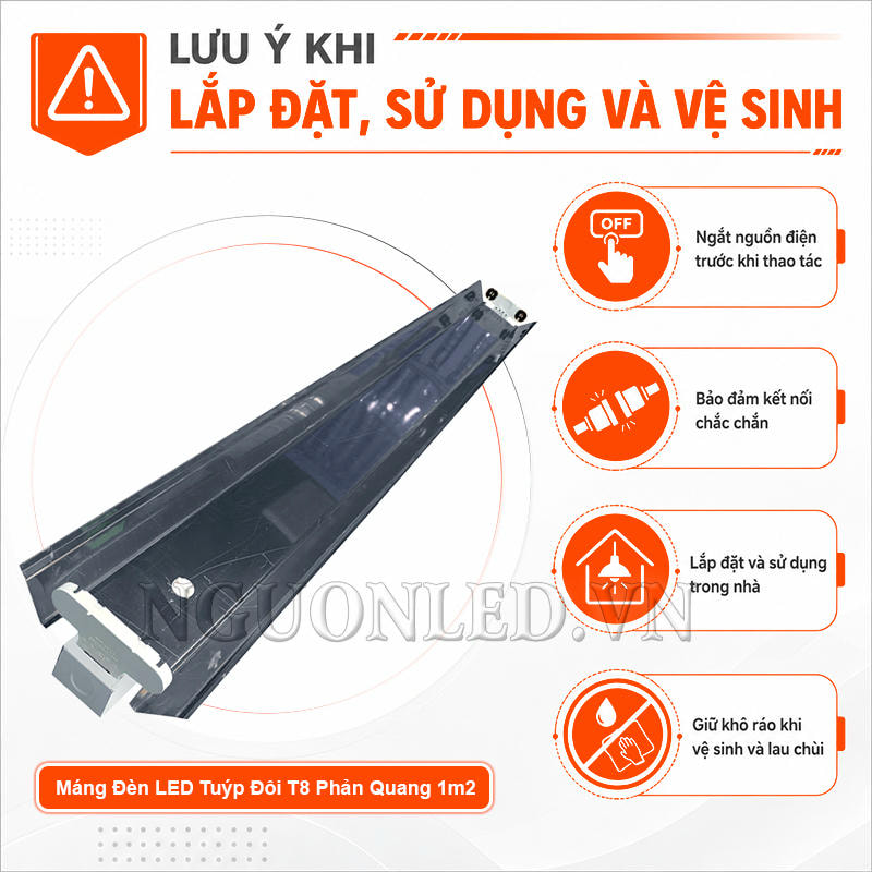 Máng đèn đôi T8 chóa inox 1m2 kèm lưu ý ngắt nguồn, dùng trong nhà và vệ sinh đúng cách khi sử dụng