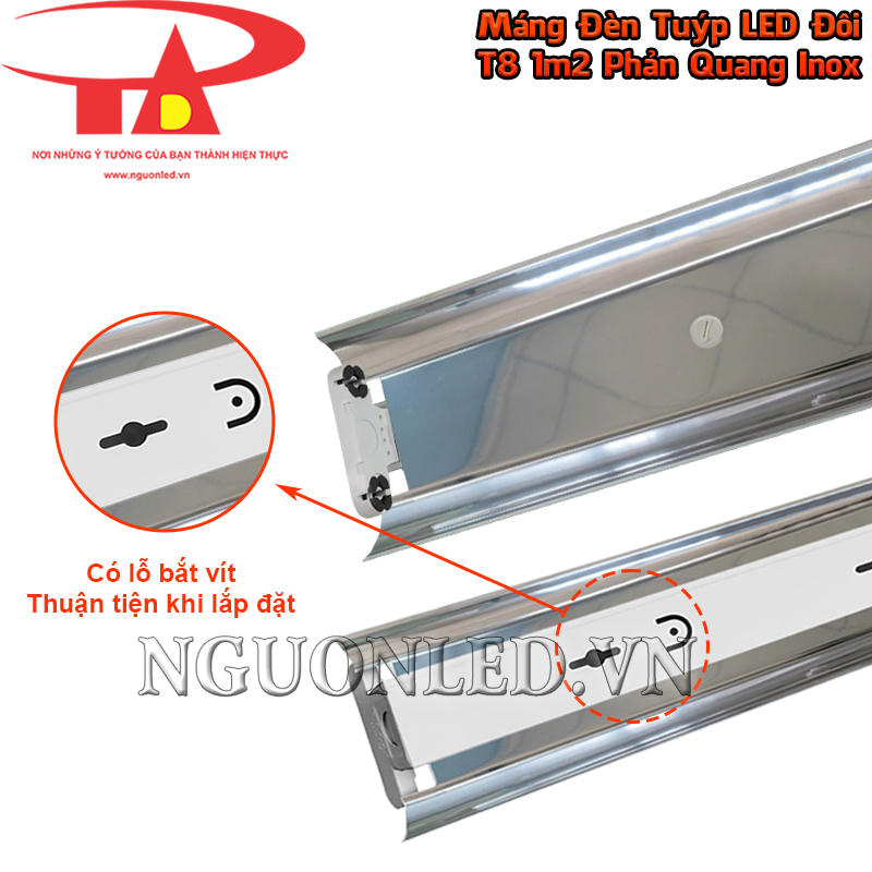 Máng đèn T8 đôi 1m2 chóa inox bố trí sẵn lỗ bắt vít để căn hướng, lấy dấu và cố định thân khi lắp nổi