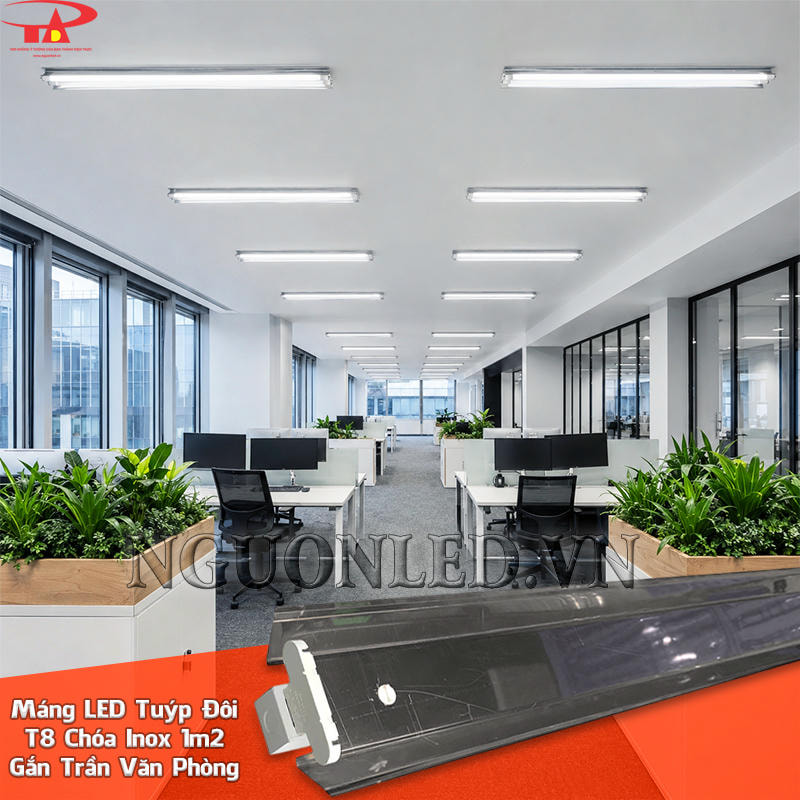 Máng đèn T8 đôi 1m2 chóa inox bố trí theo dãy bàn và cụm máy tính trong không gian văn phòng làm việc