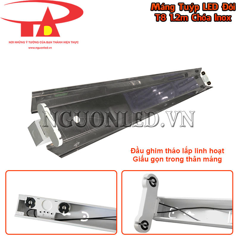 Máng đèn LED đôi T8 phản quang 1m2 cho phép thu gọn cụm đầu ghim vào thân để giảm cấn vướng khi di chuyển