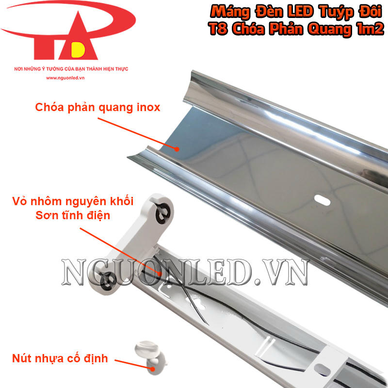 Máng LED đôi T8 1m2 chóa inox kết hợp thân nhôm nguyên khối sơn trắng với chóa phản xạ phía sau hai bóng