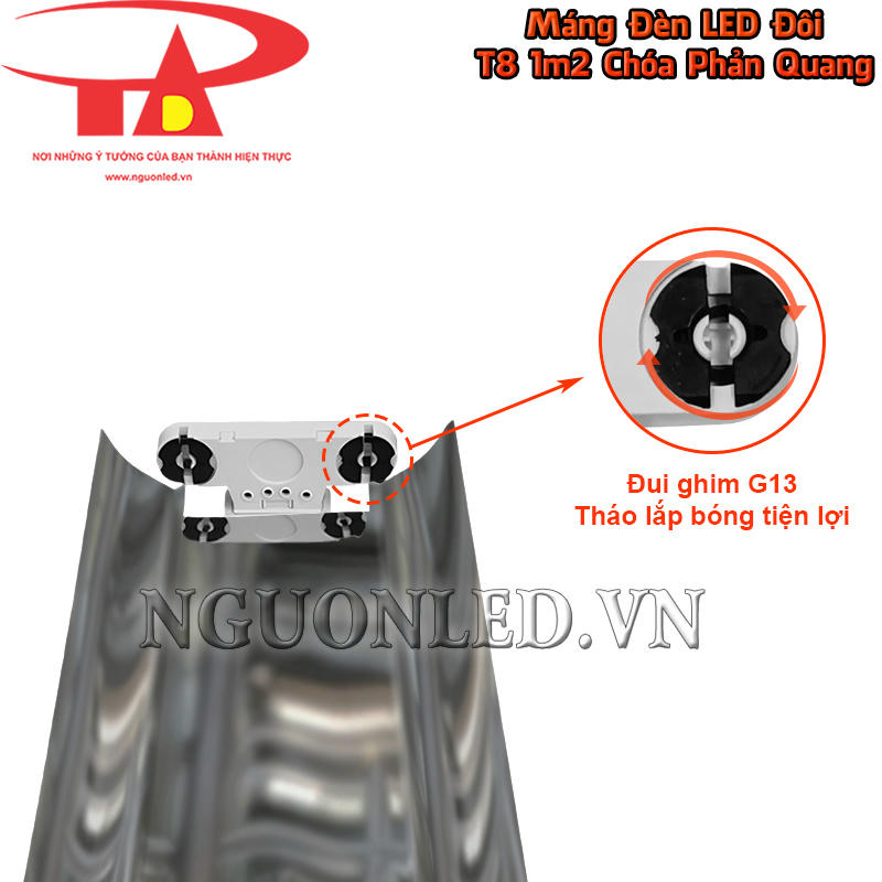Máng LED đôi T8 1m2 chóa phản quang sử dụng đầu ghim G13 xoay để giữ bóng T8 120cm đúng vị trí