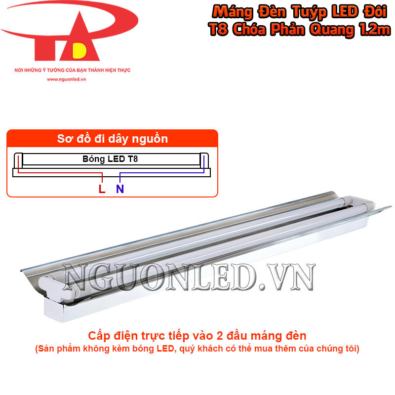 Máng tuýp LED đôi T8 1m2 phản quang cấp điện tại hai đầu cho bóng T8 120cm có cấu hình nguồn tương ứng