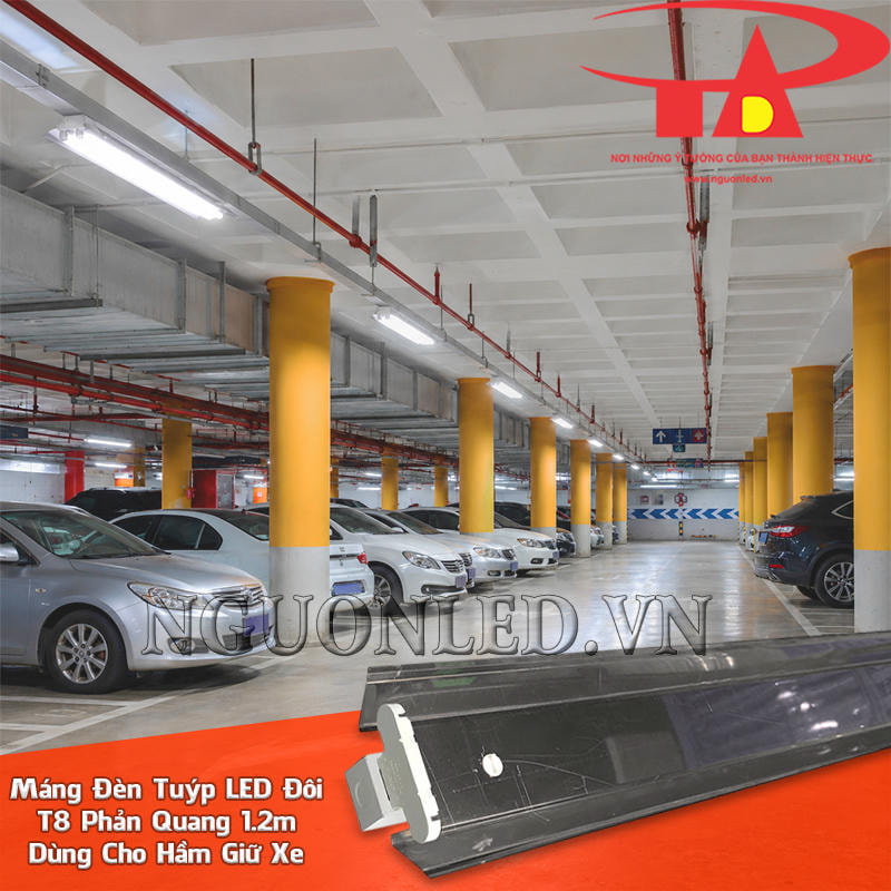 Máng đèn LED đôi T8 phản quang 1m2 tạo tuyến chiếu sáng dọc làn xe và dãy đỗ trong hầm giữ xe