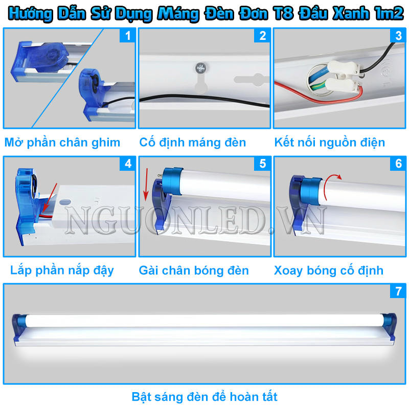 Hướng dẫn lắp đặt máng đèn tuýp LED đơn đầu xanh 1m2