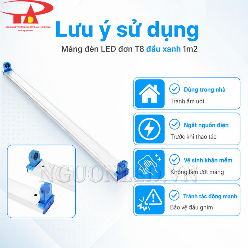 Máng đèn LED đơn đầu xanh 1m2 dùng trong nhà, lưu ý ngắt điện trước thao tác và vệ sinh bằng khăn mềm