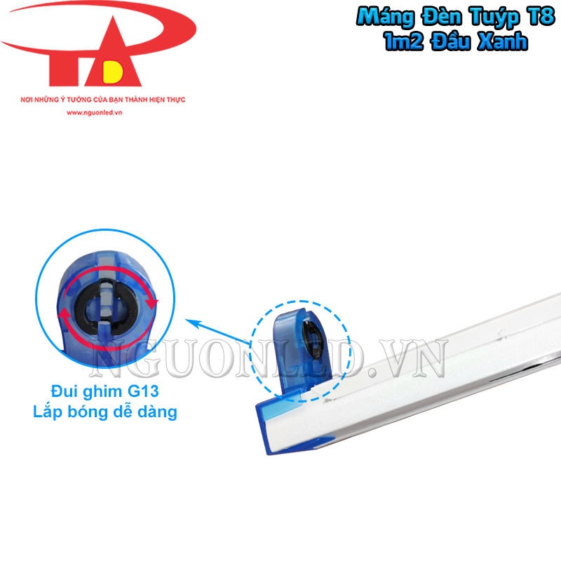 Máng tuýp LED đơn 1m2 đầu xanh có đầu ghim G13 phù hợp với bóng LED T8 theo trục máng