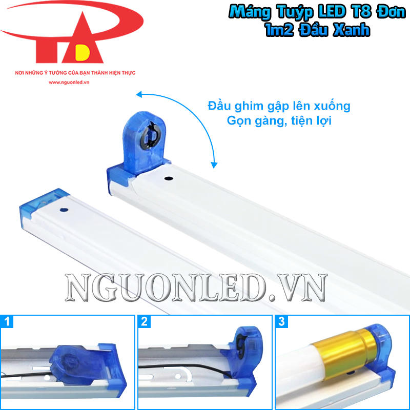 Máng đèn tuýp LED đơn đầu xanh 1m2 gập đầu xanh sát thân để tránh cấn vướng khi cầm và sắp xếp