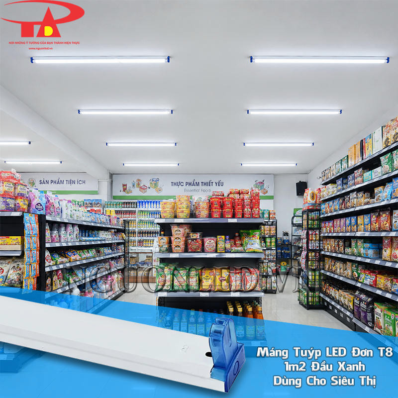 Máng đèn LED đơn đầu xanh 1m2 giữ bóng T8 theo hướng di chuyển và các dãy hàng siêu thị