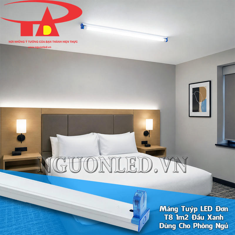 Máng đèn tuýp đơn đầu xanh 1m2 giữ bóng T8 phía trên giường và phối hợp với đèn phụ trợ trong phòng ngủ