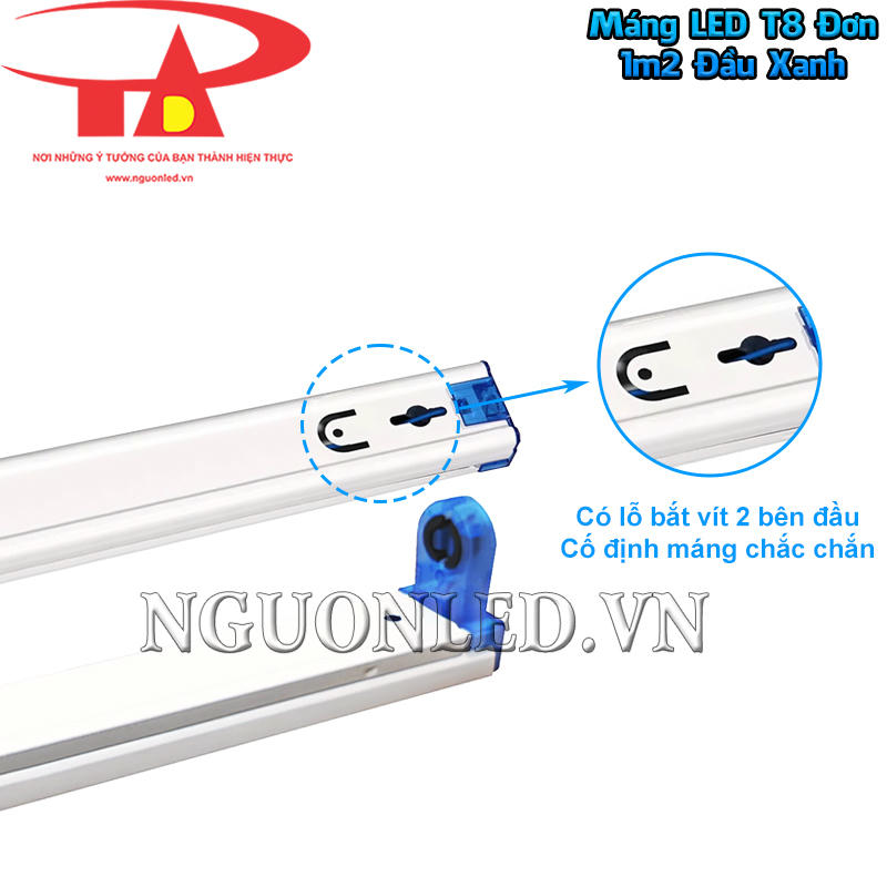 Máng đèn LED 1m2 đơn đầu xanh có lỗ bắt vít sẵn để lấy dấu và cố định thân theo hướng lắp đã chọn