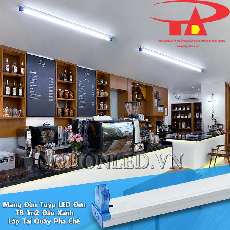Máng đèn tuýp LED đơn 1m2 đầu xanh giữ bóng T8 theo chuỗi bên trên quầy pha chế