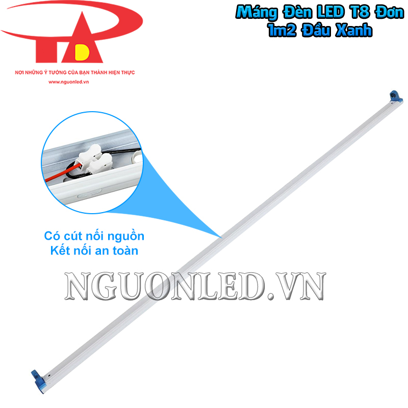 Máng đèn tuýp LED đơn 1m2 đầu xanh bố trí cút nối tập trung điểm liên kết dây bên trong khoang thân
