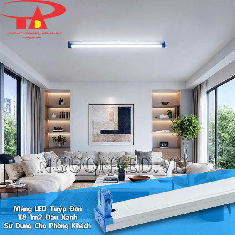 Máng tuýp LED đơn 1m2 đầu xanh giữ bóng T8 trên trần khu vực quanh sofa, bàn và vùng sinh hoạt phòng khách