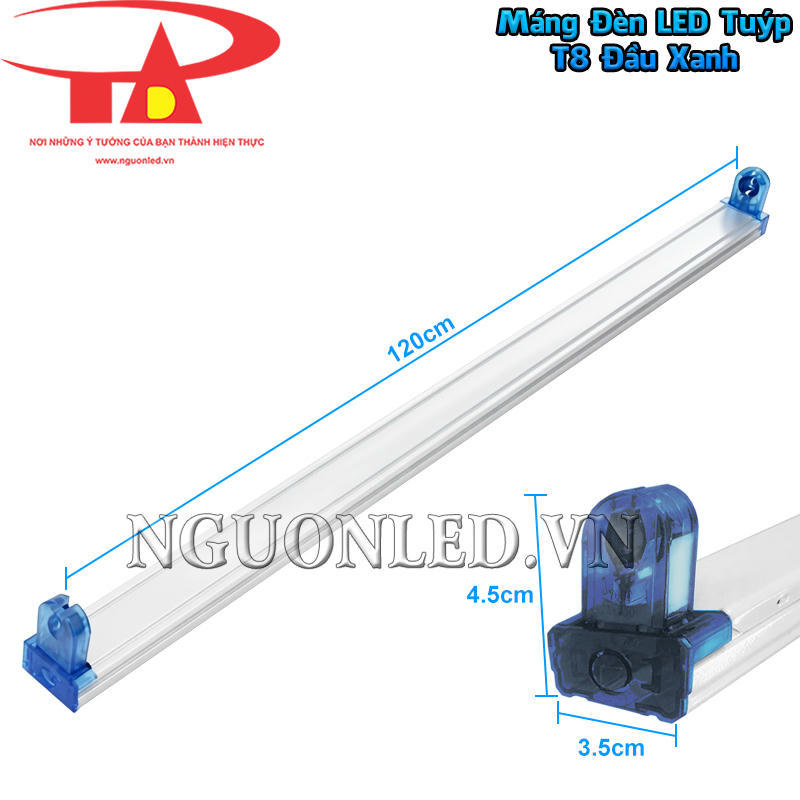 Máng đèn LED 1m2 đơn đầu xanh có kích thước 3,5 × 4,5 × 120 cm vừa đủ để lắp một bóng T8