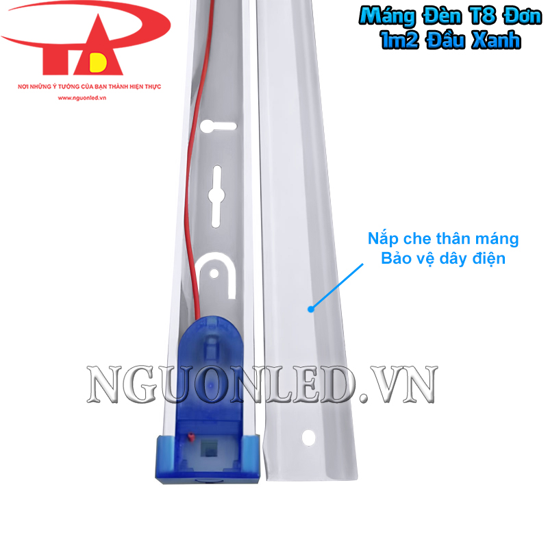 Máng đèn LED đơn đầu xanh 1m2 có nắp che khoang dây, giữ đường dẫn điện gọn