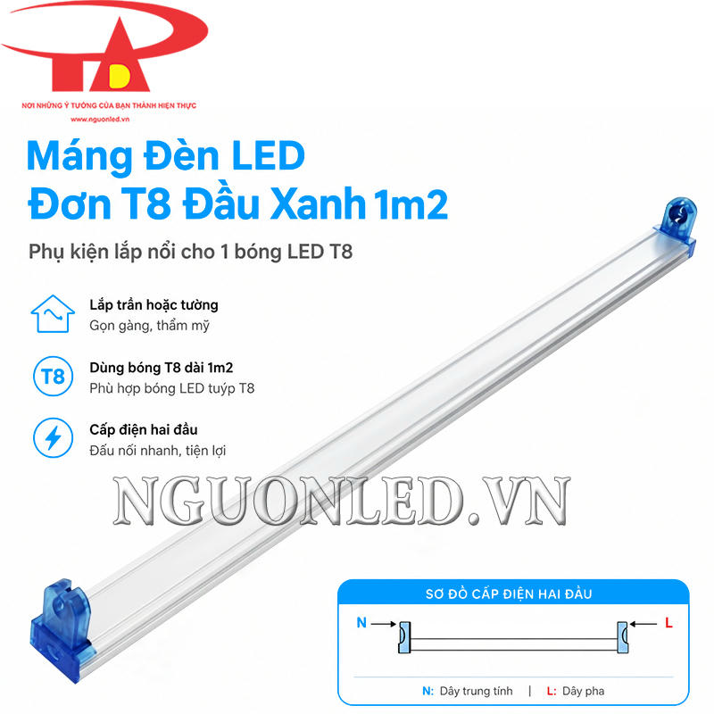 Máng đèn LED đơn đầu xanh 1m2 dùng một bóng T8 chân G13, cấp điện hai đầu và lắp nổi trong nhà