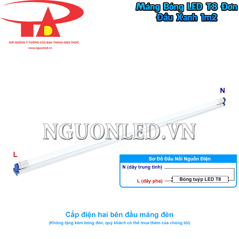 Máng đèn tuýp đơn đầu xanh 1m2 cấp điện 2 bên đầu bóng tuýp LED T8