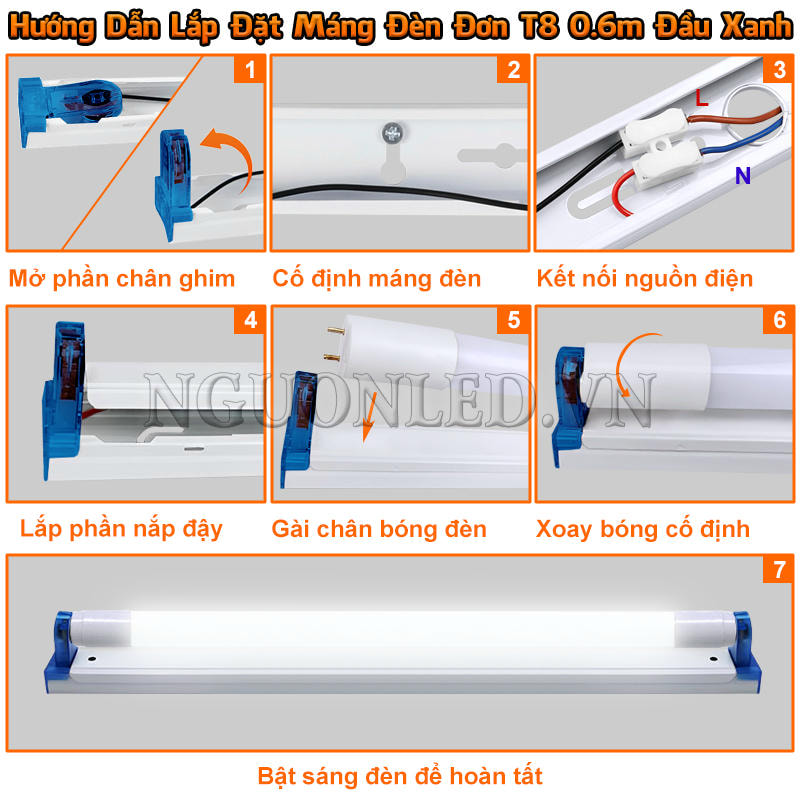 Máng đèn tuýp LED đơn T8 đầu xanh 0.6m được lắp theo trình tự đơn giản và an toàn