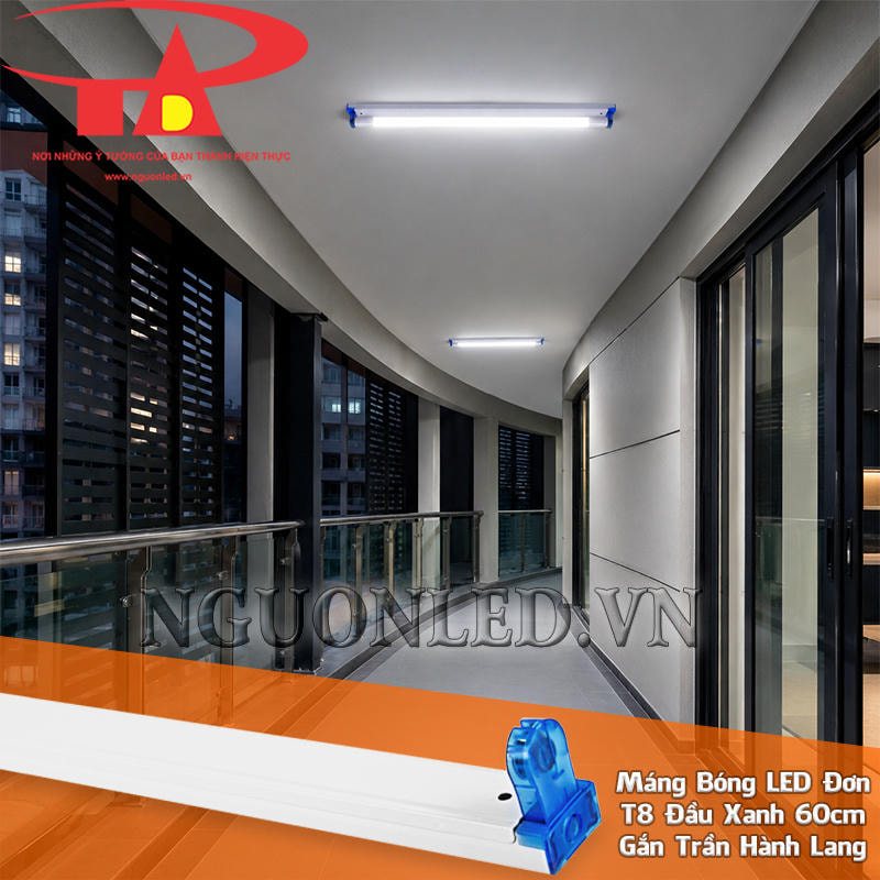 Máng đèn 0.6m đơn đầu xanh phân bố dọc hành lang, hình thành chuỗi điểm sáng theo hướng di chuyển