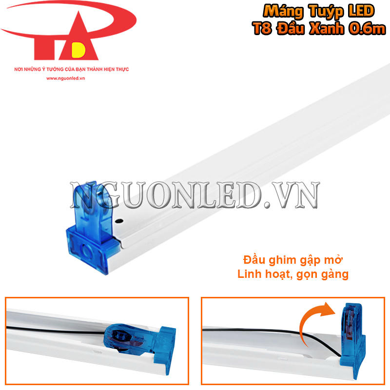 Máng đèn 60cm đơn đầu xanh có đầu giữ gập sát thân khi chưa lắp tuýp và mở ra để tiếp nhận bóng