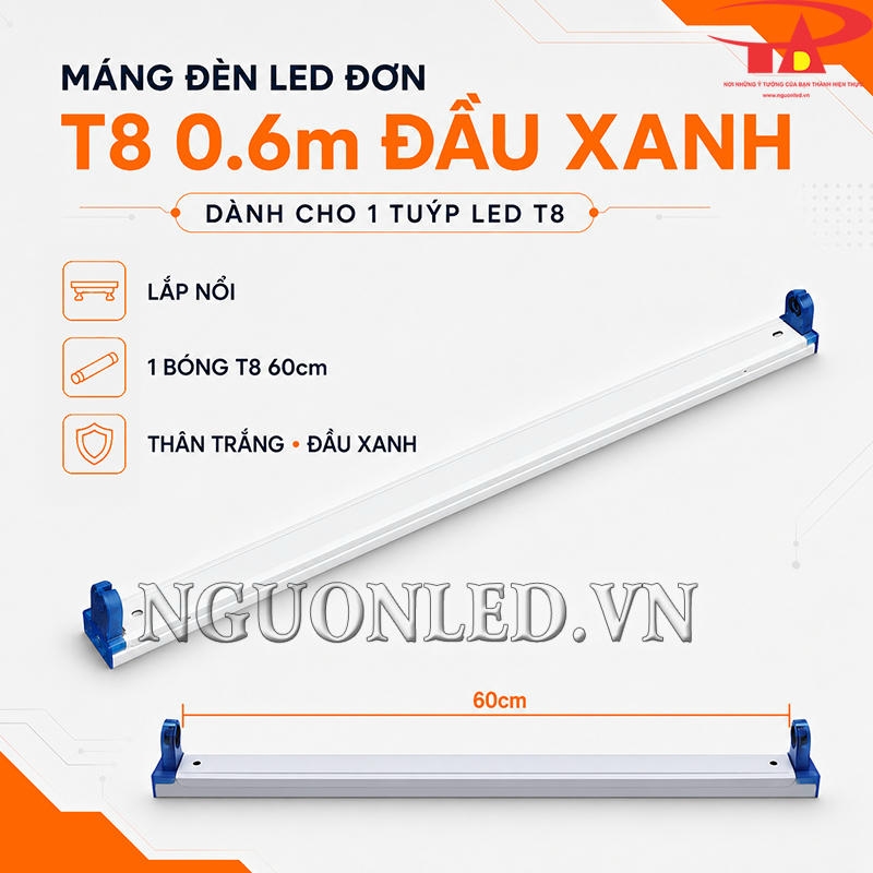 Máng đèn LED đơn T8 0.6m lắp nổi cho một bóng T8 60cm, thân trắng và hai đầu nhựa xanh