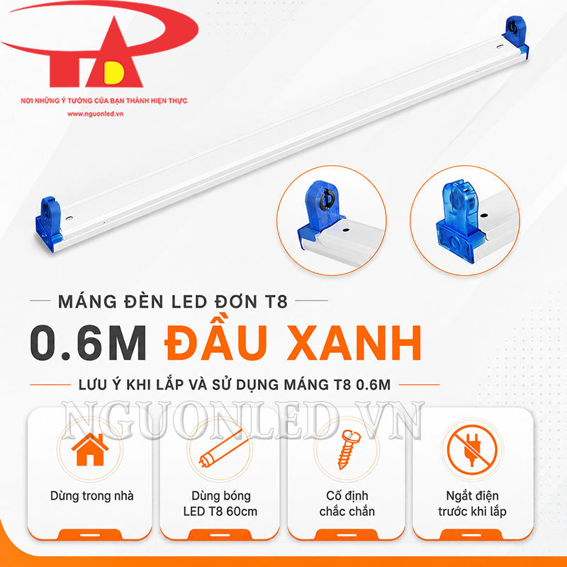 Máng đèn 6 tấc đơn đầu xanh cần dùng trong nhà, đúng bóng T8 tương thích và ngắt điện trước khi thao tác