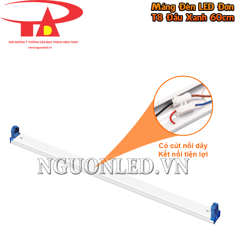 Máng đèn tuýp LED đơn T8 đầu xanh 0.6m có cút nối trong thân, tập trung phần đấu dây gọn và nhanh chóng