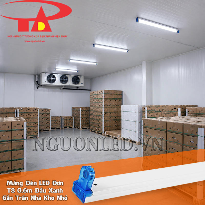 Máng đèn LED đơn T8 0.6m được phân bố theo các cụm kệ và khu chứa, thể hiện cấu trúc mặt bằng nhà kho