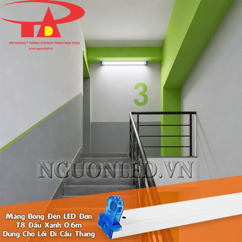 Máng đèn 60cm đơn đầu xanh bố trí tại cầu thang, làm rõ bậc, chiếu nghỉ và khoảng chuyển hướng