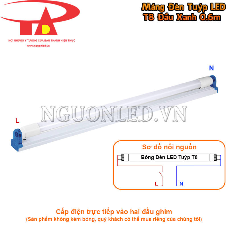 Máng đèn LED T8 đơn 0.6m đầu xanh cấp điện tại hai đầu cho bóng T8 có cấu hình nhận nguồn tương ứng