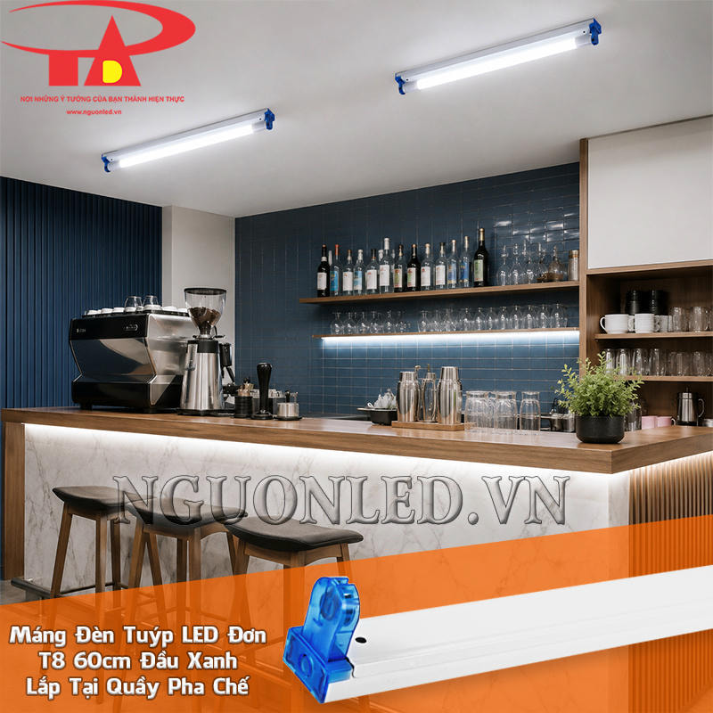 Máng đèn tuýp LED đơn T8 đầu xanh 0.6m bố trí theo mặt bàn pha chế, làm nổi khu vực ly và dụng cụ