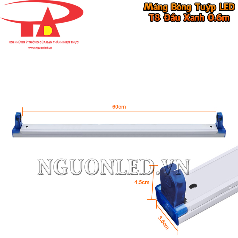 Máng đèn 6 tấc đơn đầu xanh rộng 3.5cm, cao 4.5cm, vừa với bóng T8 60cm và gọn khi lắp theo dãy