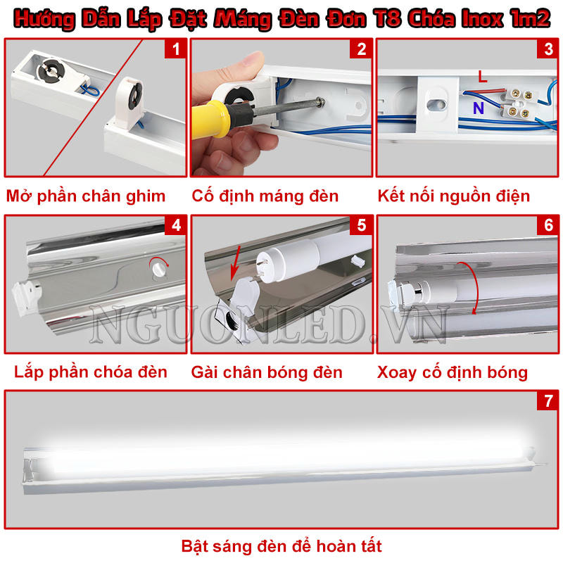 Hướng dẫn lắp đặt máng đèn tuýp đơn 1m2 chóa inox với quy trình cố định máng và lắp bóng