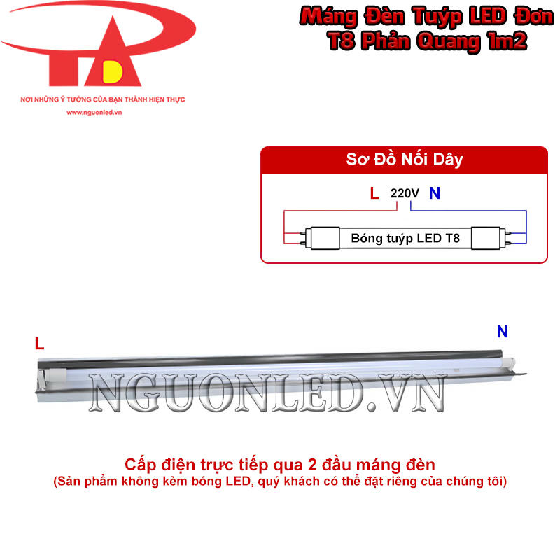 Máng đèn tuýp LED đơn T8 phản quang dẫn nguồn đến hai đầu cho bóng T8 có cơ chế cấp điện phù hợp